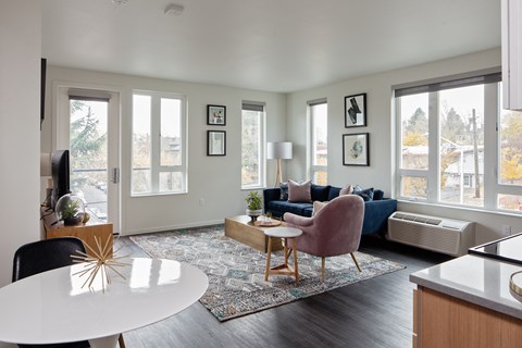 Grant Park Village living room with shot of balcony