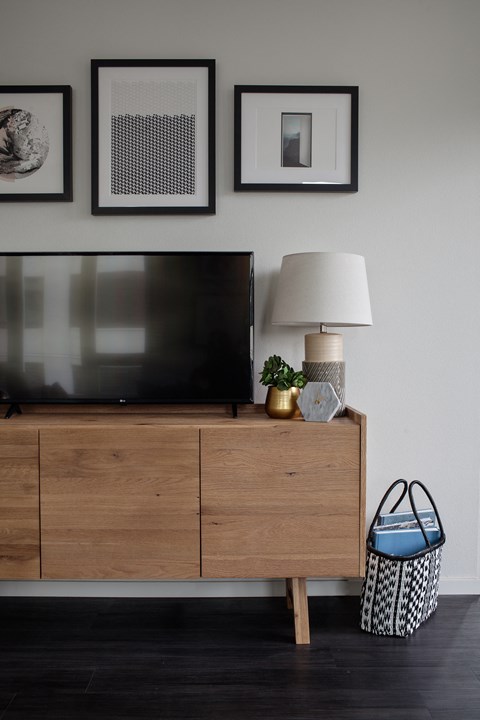 Grant Park Village media stand with television and art wall