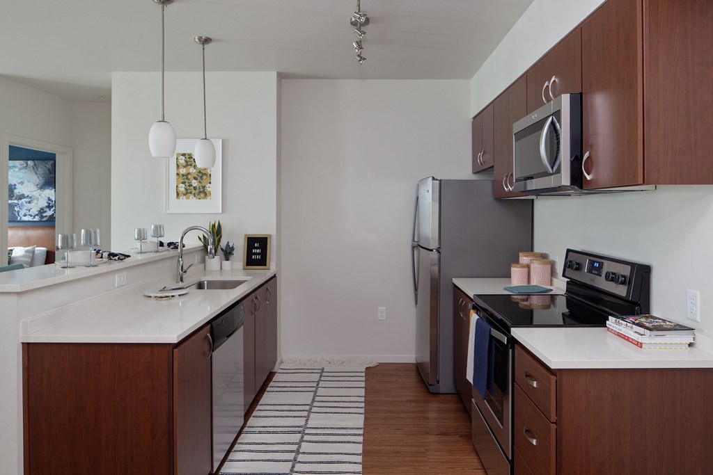 Grant Park Village side kitchen shot showing dark cabinets and appliances