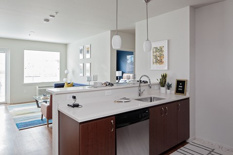 Grant Park Village kitchen island shot with living room in background