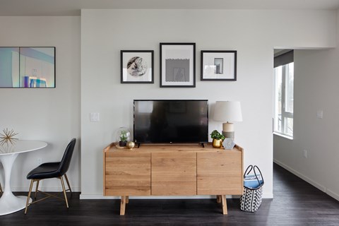 Grant Park Village media stand with television and art wall