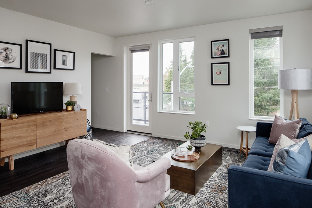 Grant Park Village pink chair with blue couch and media stand with television