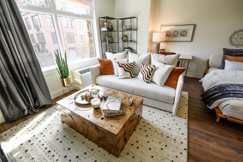 a living room with a couch and a coffee table