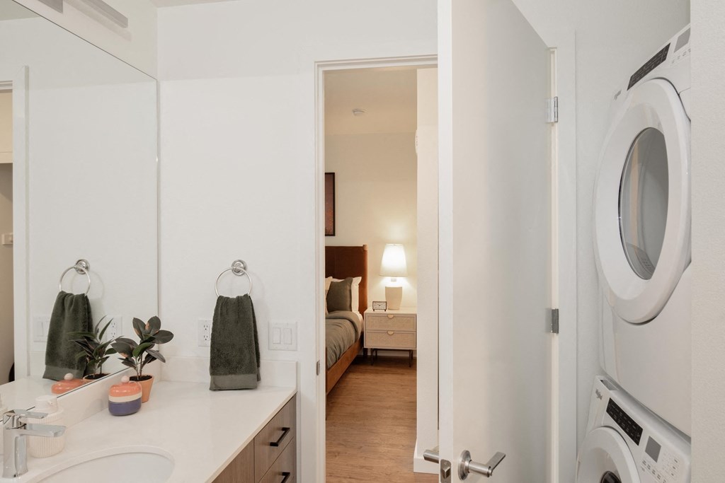 The Gabe Apartments in Portland, Oregon Model Bathroom with Washer and Dryer