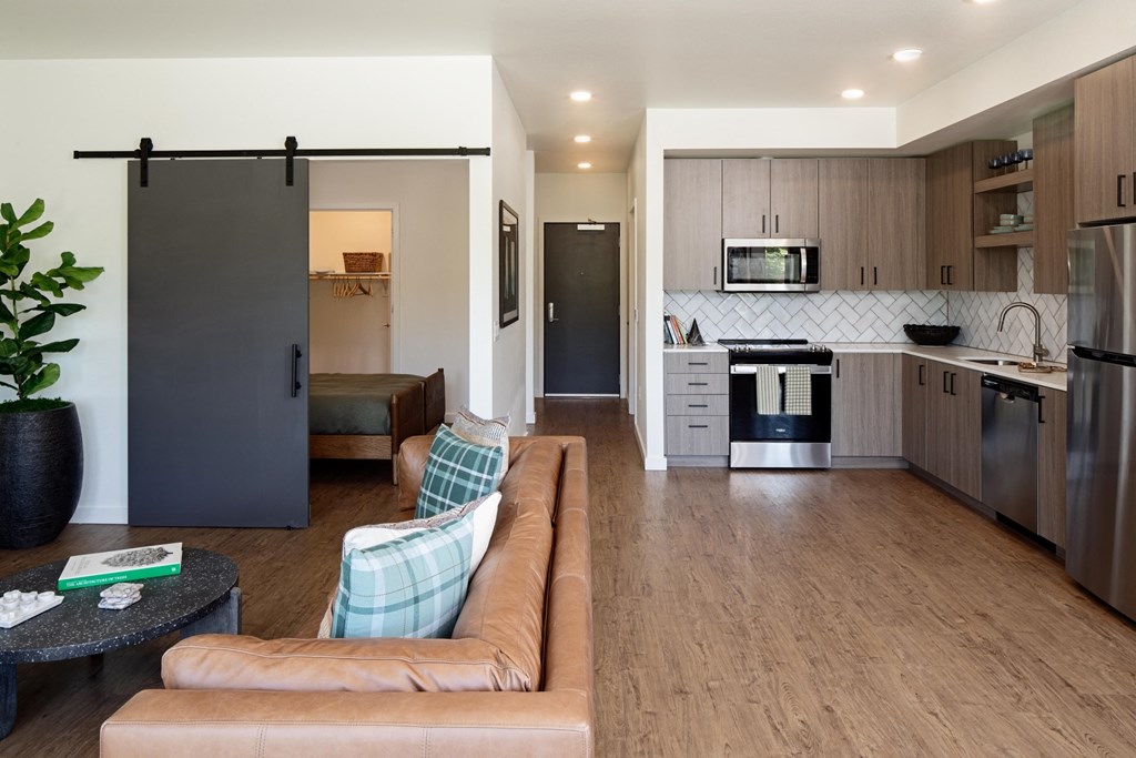 The Gabe Apartments in Portland, Oregon Model Living Room and Kitchen