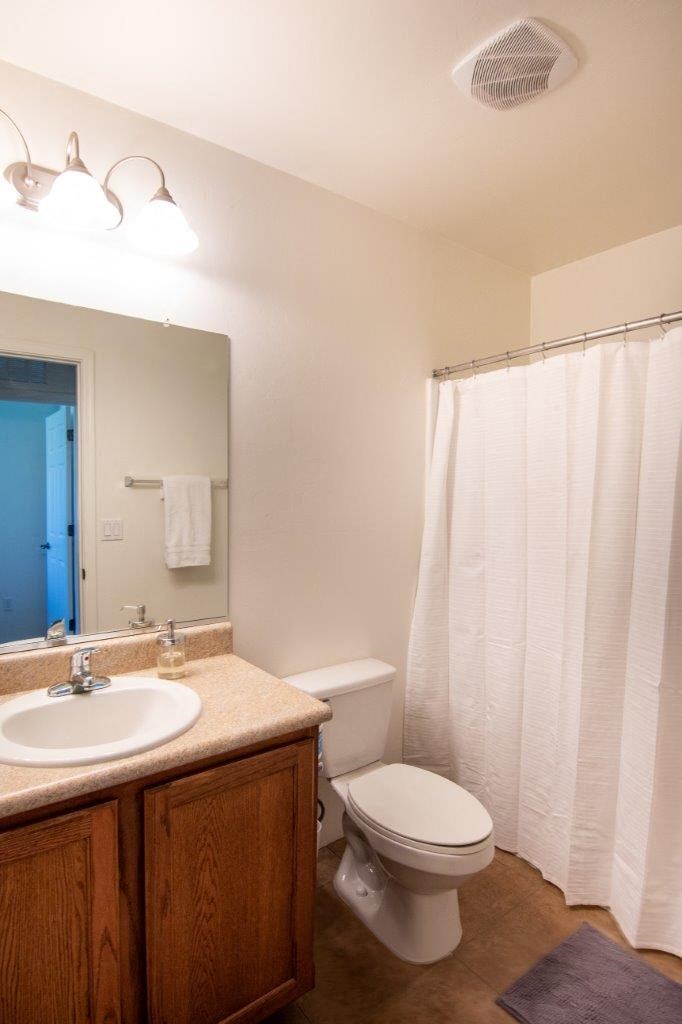 A bathroom with a toilet, sink, and shower curtain.