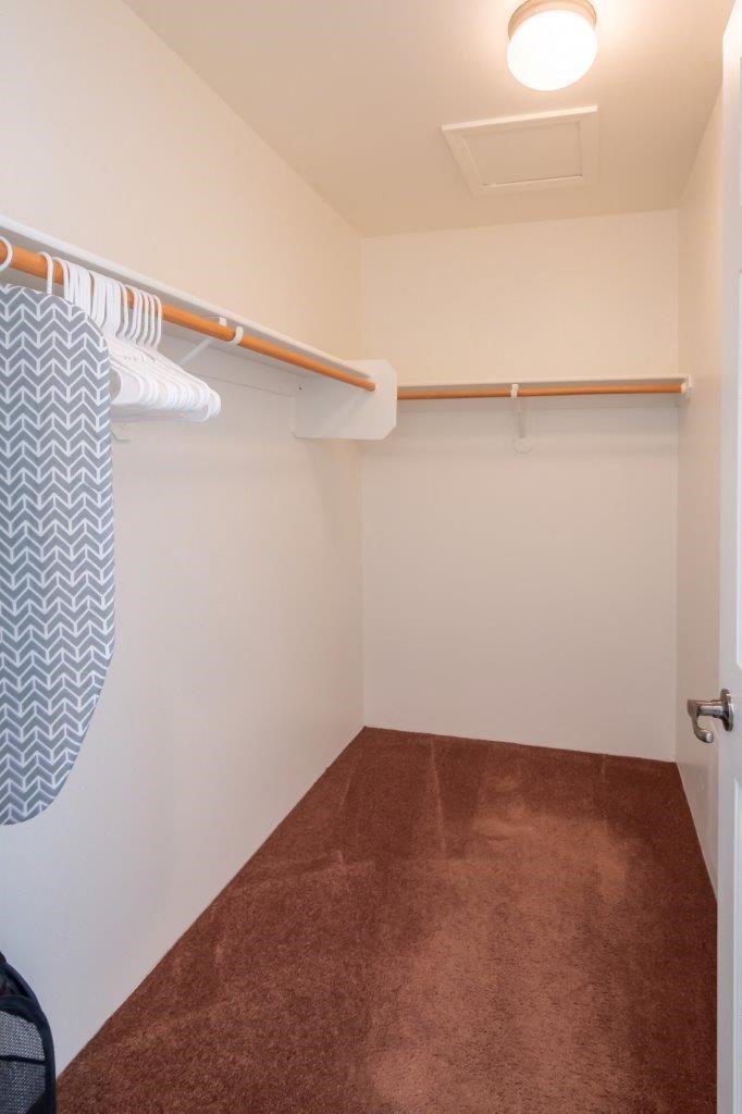A walk-in closet with a brown carpet and white walls.
