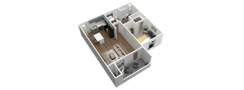 A 3D floor plan of a house with a kitchen, living room, and bedrooms.