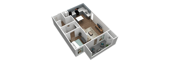 A 3D image of a house layout with a living room, kitchen, and bedrooms.