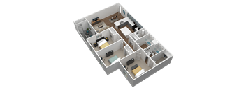 A 3D floor plan of a multi-bedroom apartment.