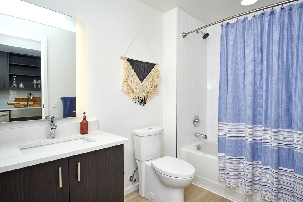 a bathroom with a shower toilet and sink and a mirror