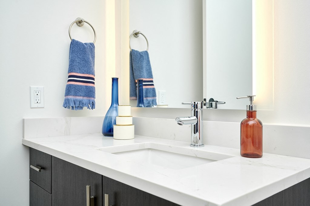 a bathroom with a sink and a mirror