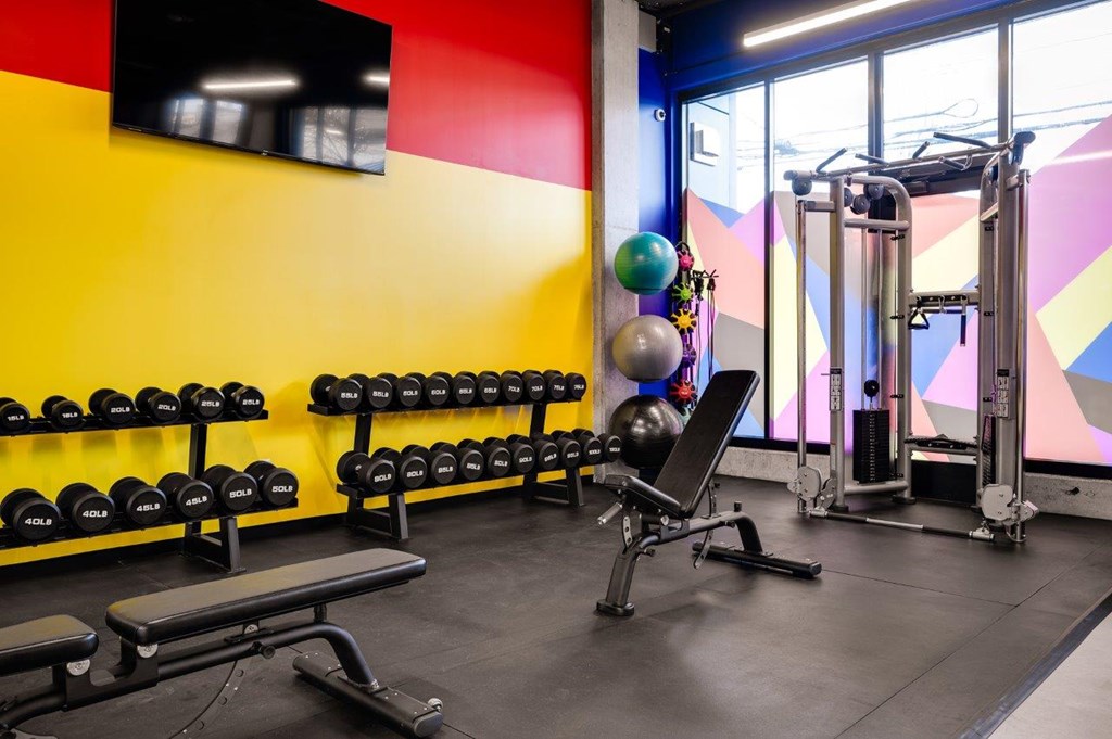 MERX Slabtown fitness center with a row of dumbbells on a rack.