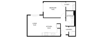 A floor plan of a house with a bedroom, living room, kitchen, bathroom, and laundry.