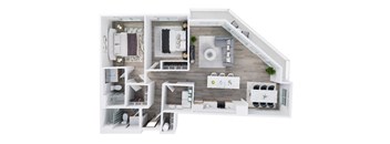 A top-down view of a modern apartment layout with a living room, kitchen, and bedrooms.