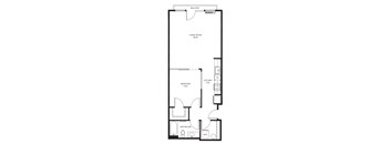A floor plan of an apartment with a living room, kitchen, bedroom and bathroom.