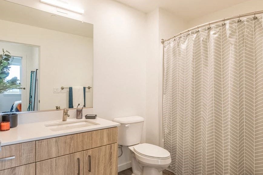 A bathroom with a white toilet, sink, and shower curtain.