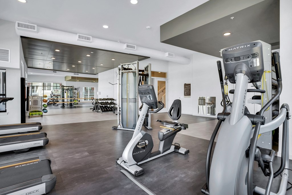 A gym with treadmills, elliptical machines and other exercise equipment.