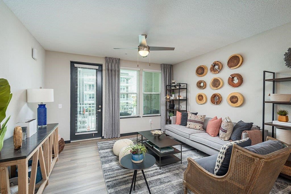 a living room with a couch and a table