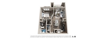 A floor plan of an apartment with two bedrooms, a living room, a kitchen, and a bathroom.