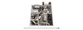 A floor plan of an apartment with a kitchen, living room, and bathroom.