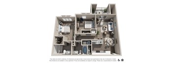 A 3D floor plan of an apartment showing a kitchen, living room, and bathroom.