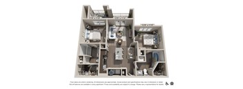 A 3D floor plan of an apartment with dimensions and notes below.