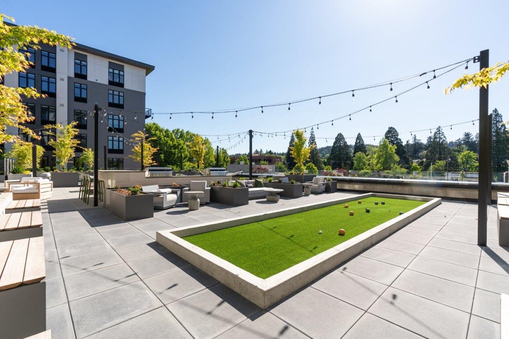 a grassy area with picnic benches and a lawn