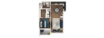 A top-down view of a modern apartment layout with a living area, kitchen, and bedroom.