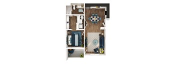 A top down view of a modern apartment with a dining area, kitchen, and living room.