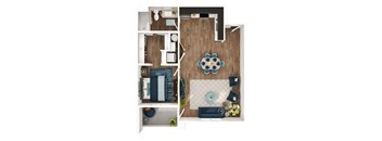 A top-down view of a modern apartment layout with a kitchen, living room, and bathroom.