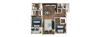 A top down view of a living room, kitchen, and dining area.