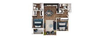 A top down view of a modern apartment with a living room, kitchen, and bedroom.