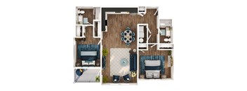 A top-down view of a living room, kitchen, and dining area.