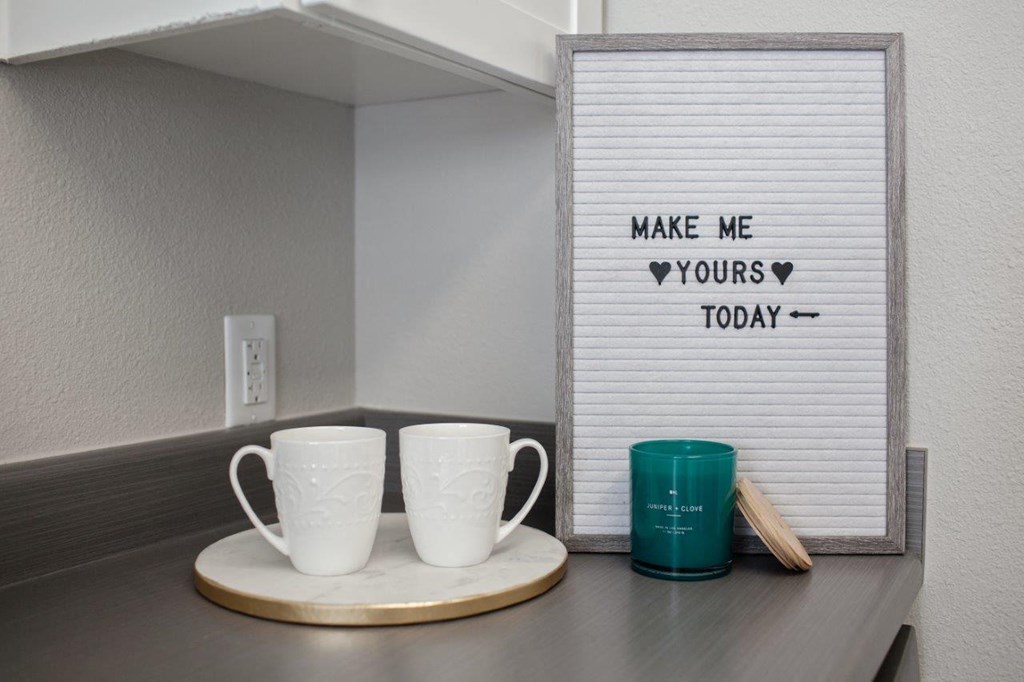 Trailmark Apartments Kitchen Counter with Teacups and Decor