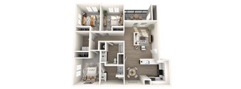 A 3D floor plan of a house with labeled dimensions.