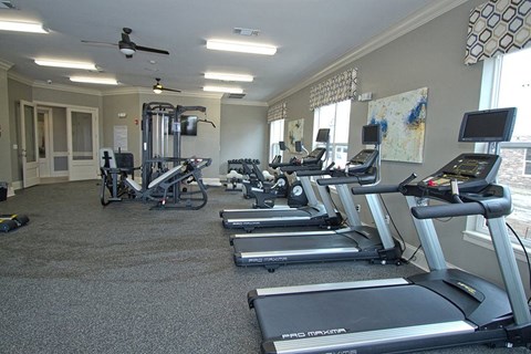 A gym with treadmills and exercise bikes.