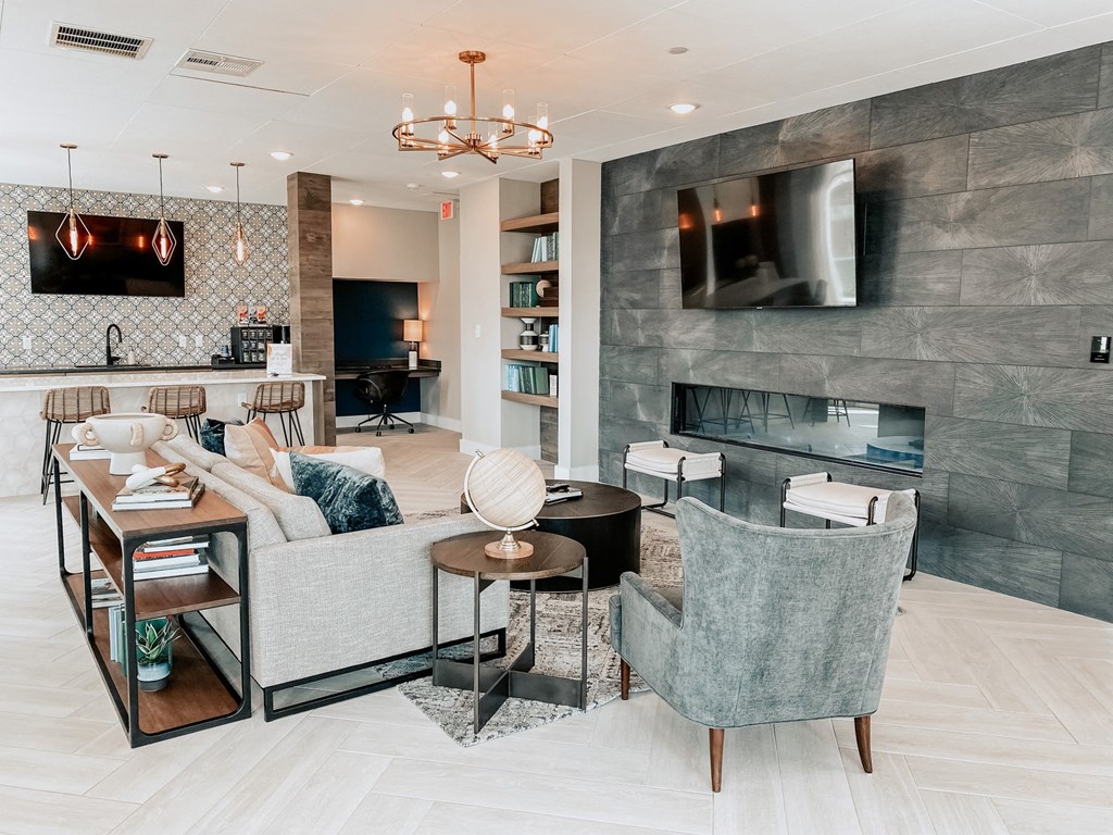 Presidio at River East Clubhouse Lounge with Fireplace and Kitchen