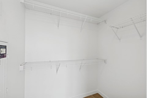 Empty white room with shelves on the wall.