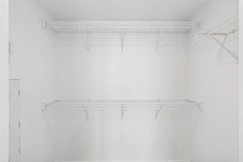 Empty white shelves in a room.