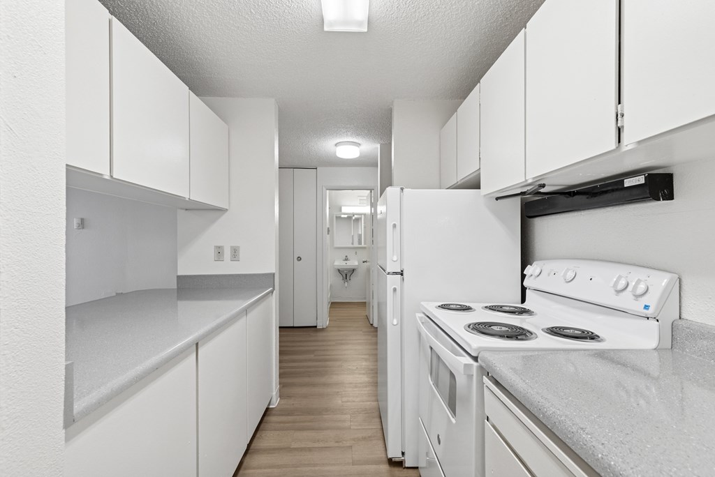 A white kitchen with a stove and cabinets.