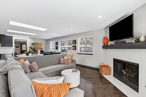 A modern living room with a grey couch and a fireplace.