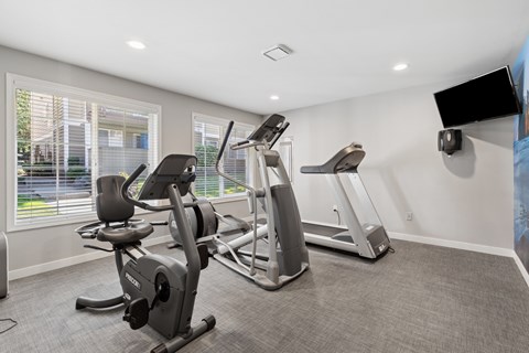 A spacious home gym with a treadmill, elliptical trainer, and stationary bike.