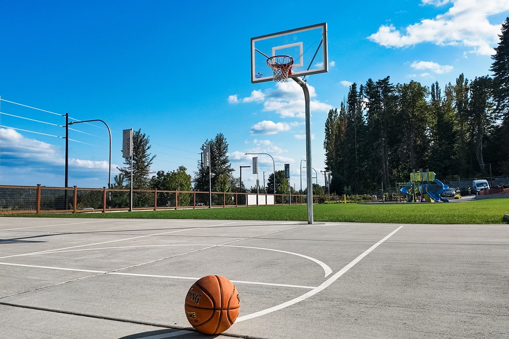 A basketball is on the ground in front of a basketball hoop.