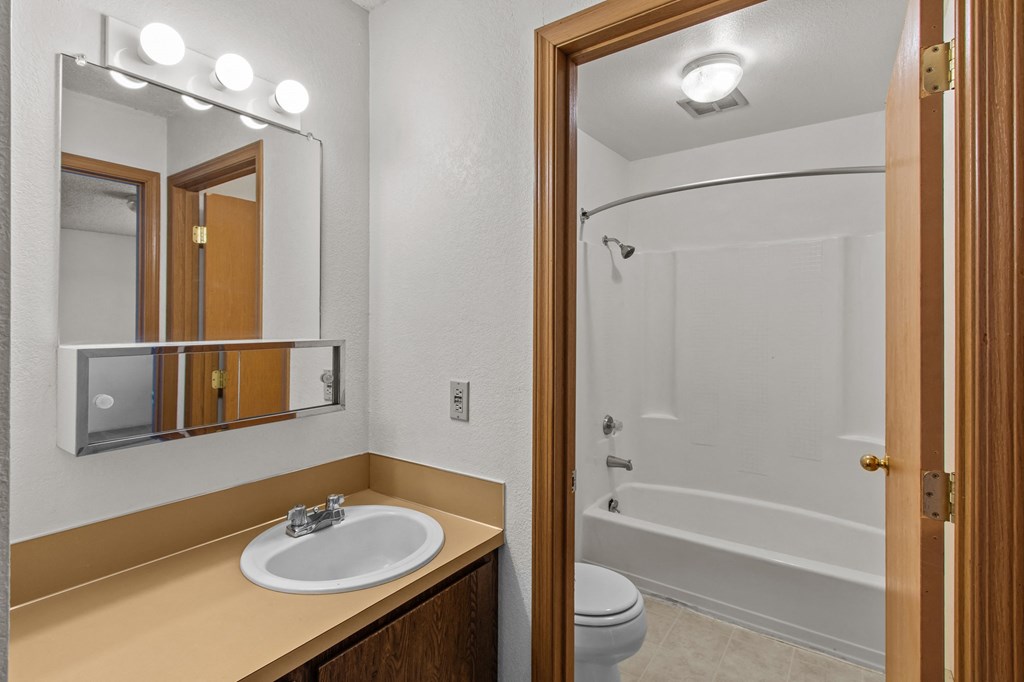 Creekside Apartments a bathroom with a shower sink and mirror and a toilet