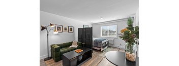 A modern living room with a dark green sofa, a black coffee table, and a large window with white blinds.