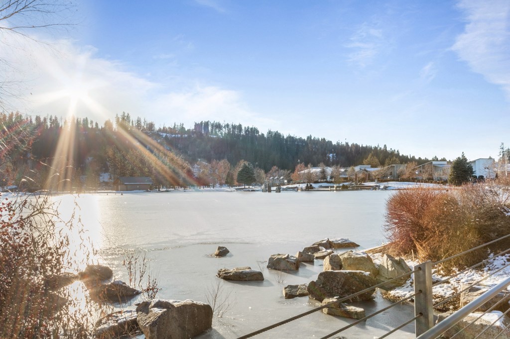 a frozen lake with rocks in the foreground and trees in the background