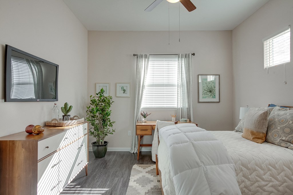 Horizon at Premier Apartments Model Bedroom with medium sized window.