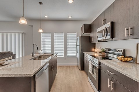 A modern kitchen with dark cabinets and stainless steel appliances.