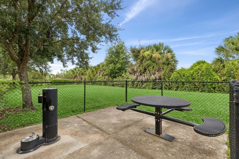 A picnic table is surrounded by a black fence.